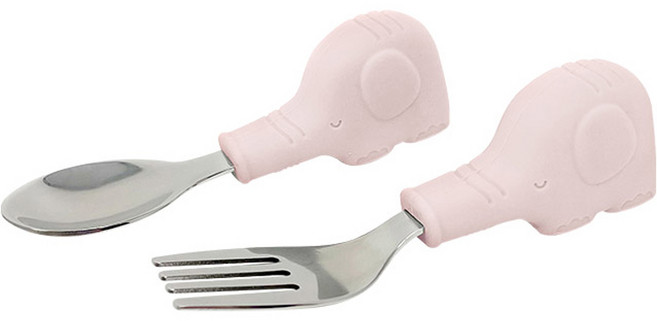 타이니트윙클 스테인리스 실리콘 트레이닝 스푼포크 2종 세트, 핑크 엘리펀트, 1세트