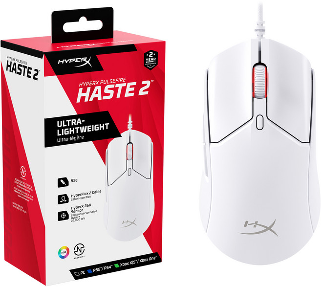 하이퍼엑스 펄스파이어 헤이스트 2 유선 게이밍 마우스, 6N0A8AA, 화이트