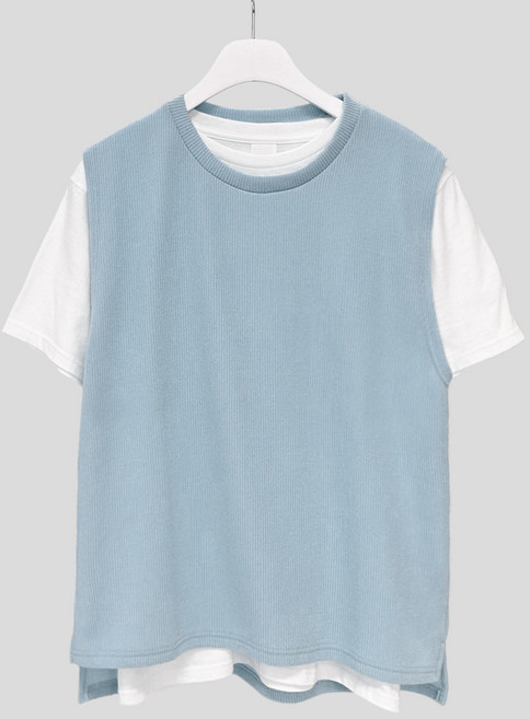 하이후 라운드넥 니트 조끼 + 코튼 반팔티 세트 HE2035