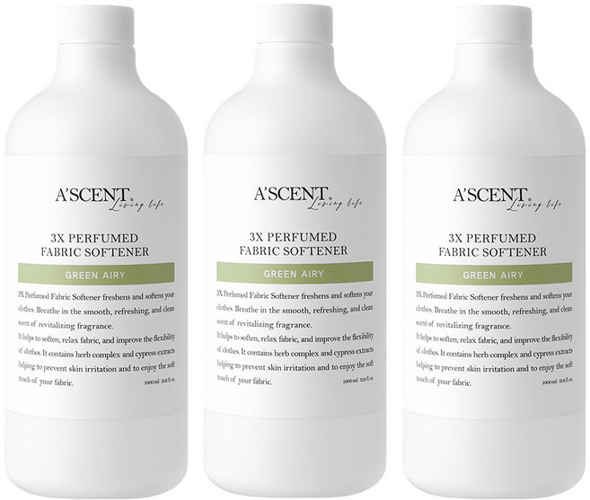 에이센트 퍼퓸드 섬유유연제 그린에어리 본품, 1L, 3개