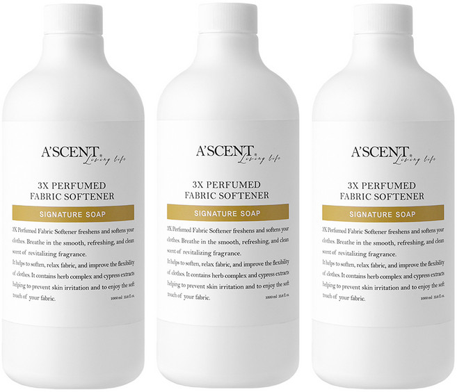 에이센트 3X 퍼퓸드 고농축 섬유유연제 시그니처솝 본품, 1L, 3개