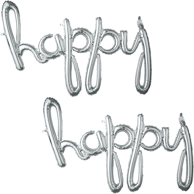 아나그램 이니셜 필기체 은박풍선 happy, 실버, 2개