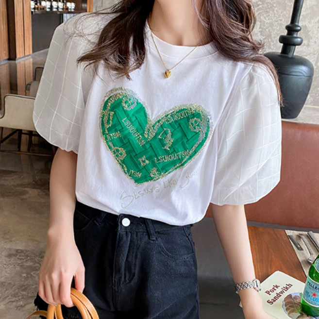 메이첼 여성용 통기성 라운드넥 숄더 퍼프 하트 프린팅 시스루 반팔 티셔츠 02602