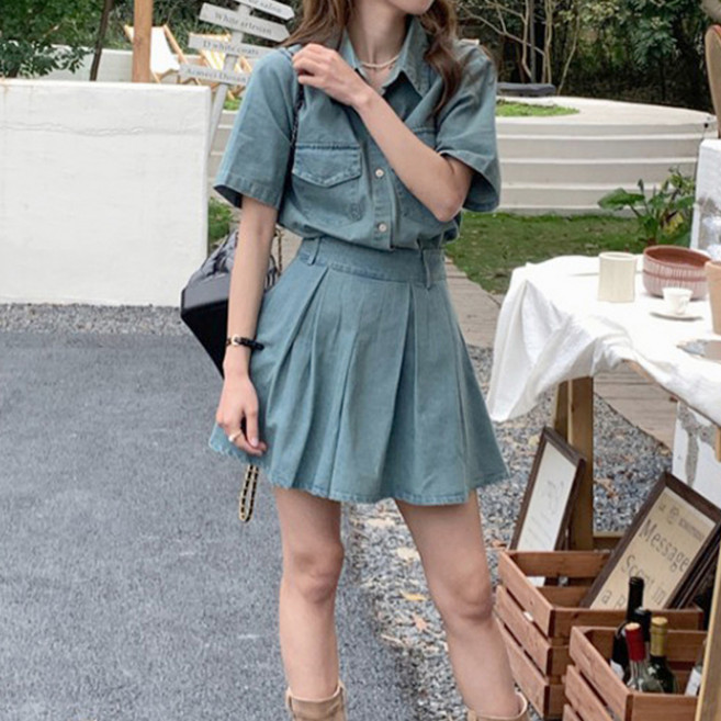 메이첼 오라타 포켓 카라넥 셔츠 & A라인 플리츠 미니 스커트 세트 02700