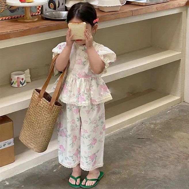 아르베 여아용 통기성 엔틱 로즈 상하의 세트