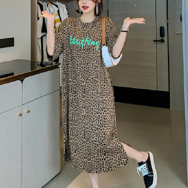 Murielle 女款豹紋拼色圓領長版洋裝, 豹紋
