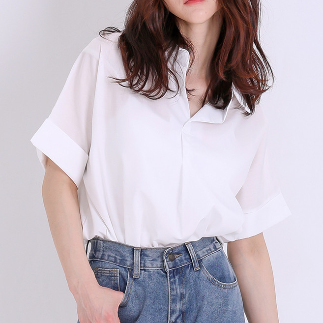ARUA 女款半開襟寬鬆版型反摺袖襯衫