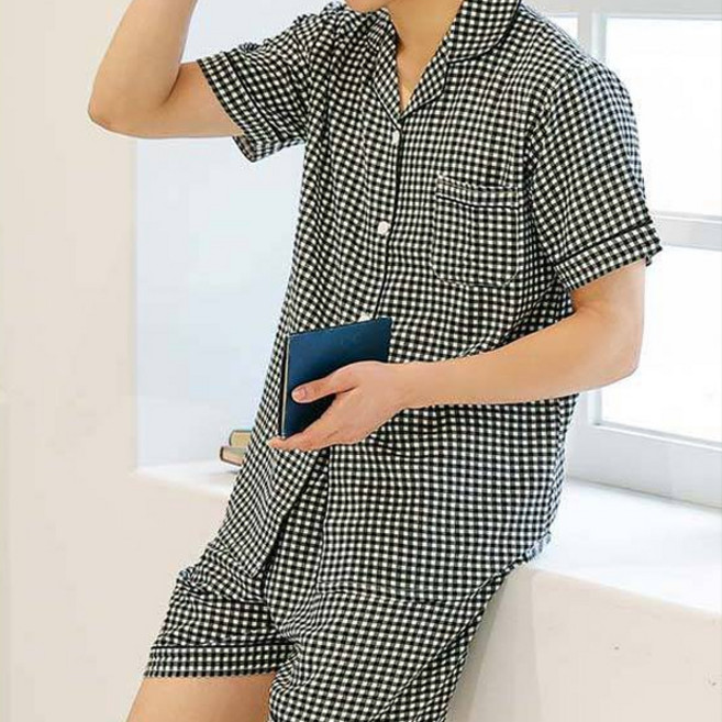 글램공감 지지미 블럭체크 반팔 투피스 잠옷 세트