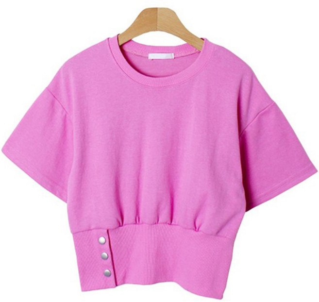 시크블랙 여성용 하이로 무지 버튼 라운드넥 반팔 티셔츠 cpt12698k35