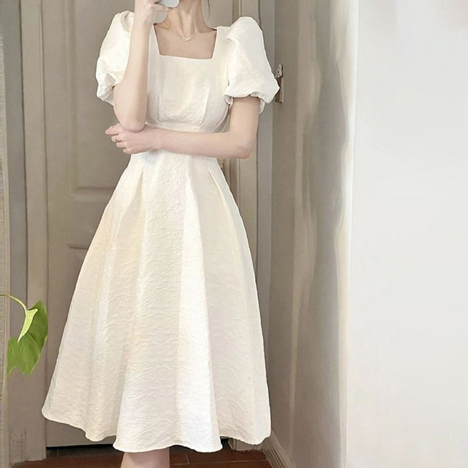 Elsso 雙層內襯袖A字連身裙 含大尺碼, 白色