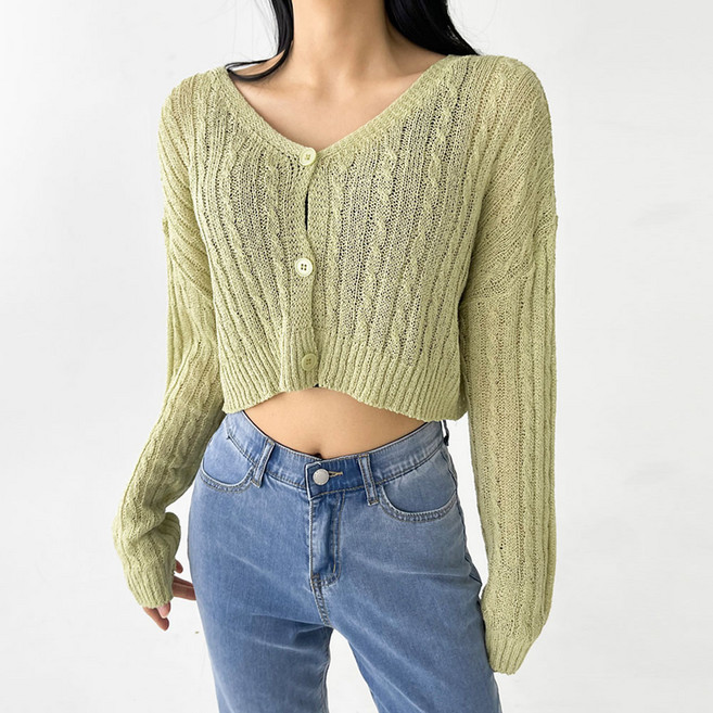 플랜데이 여성용 얇은 그물 미니 크롭 긴팔 가디건