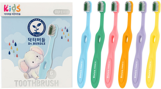 닥터버들 어린이 칫솔 2단계, 혼합색상, 6개입, 1세트