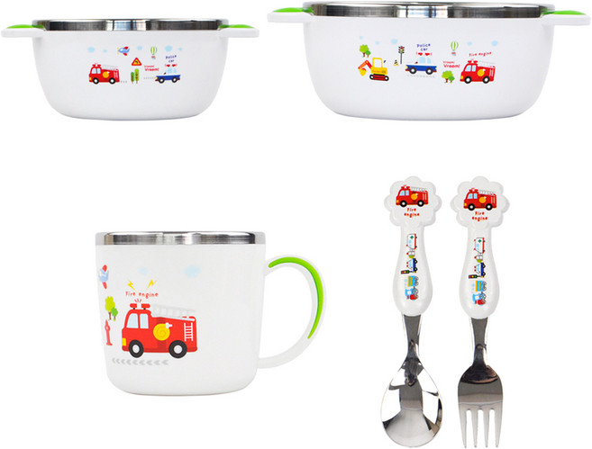 국산 부릉부릉 유아식기 5종 세트 1호, 화이트, 공기 + 대접 + 컵 + 스푼 + 포크