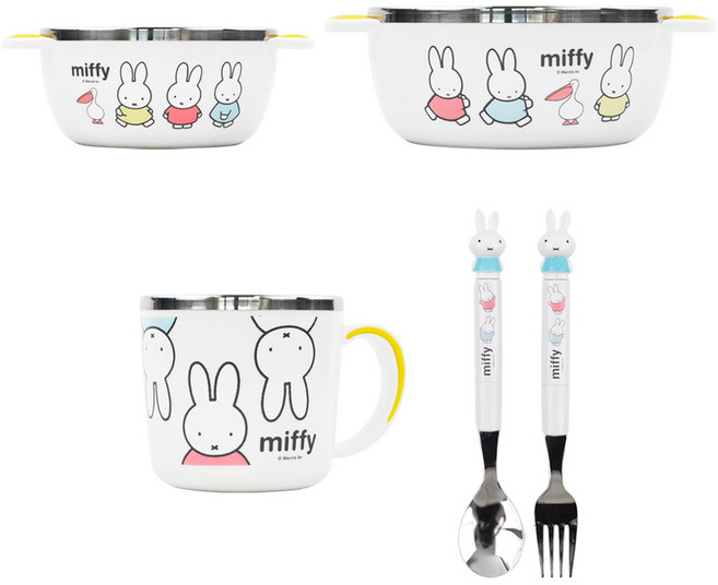 미피 유아식기 5종 세트 1호, 화이트, 공기 + 대접 + 컵 + 스푼 + 포크