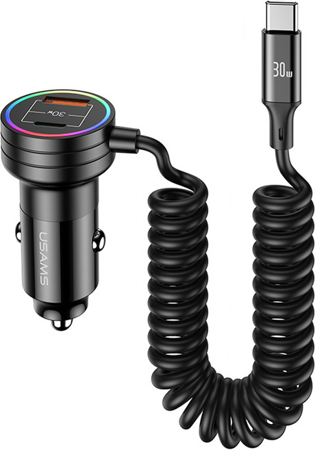 USAMS 優勝仕 60W 彈簧伸縮車用高速充電器, CC167CC01, 黑色