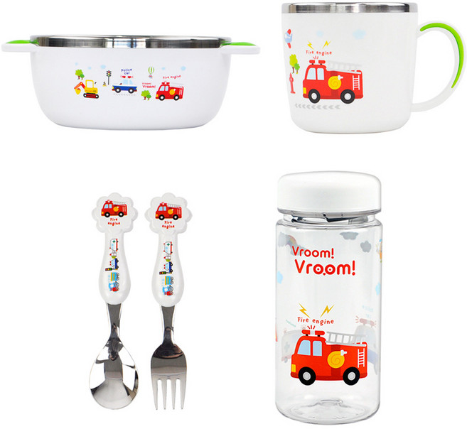 유아용 부릉부릉 식기 5종 세트 2호, 화이트, 대접 + 컵 + 물병 + 스푼 + 포크