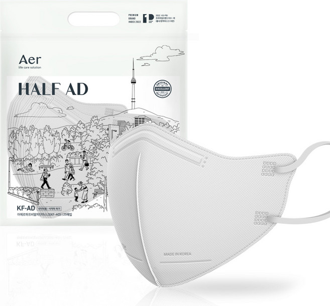 아에르 하프 비말 차단 마스크 중형 KF-AD, 25매입, 1개, 화이트