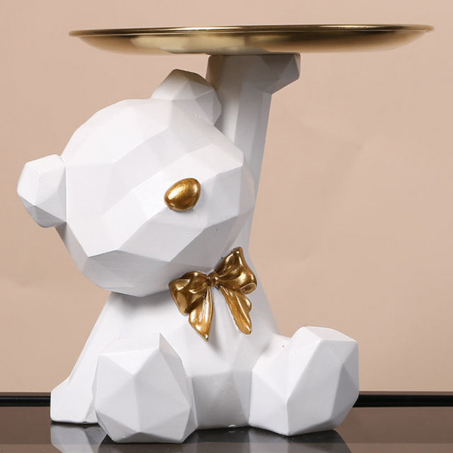 앞날창창 앉은 리본곰 인테리어 트레이, 화이트