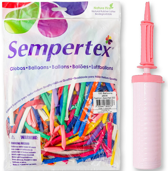 Sempertex 魔術氣球 260S 100入 + 手動打氣筒組合, 混合顏色(氣球), 馬卡龍粉(手動打氣筒), 1套