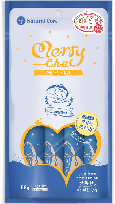 네츄럴코어 메리츄 고양이 간식, 오메가3 + 참치 혼합맛, 56g, 12개