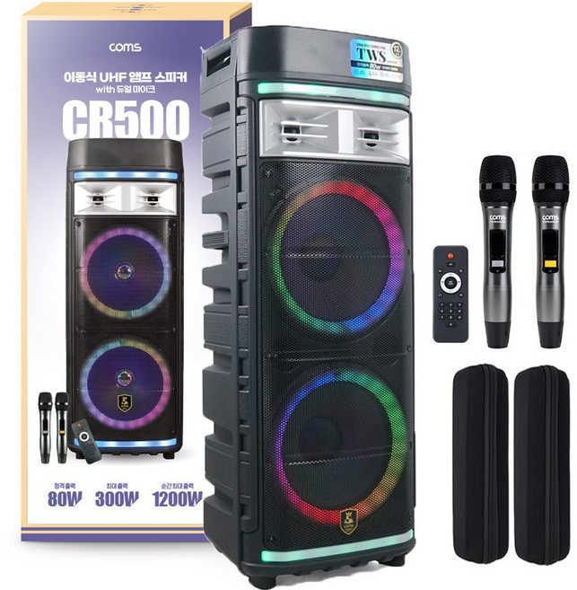 컴스 LED 이동식 UHF 블루투스 버스킹 노래방 앰프, CR500, 혼합색상