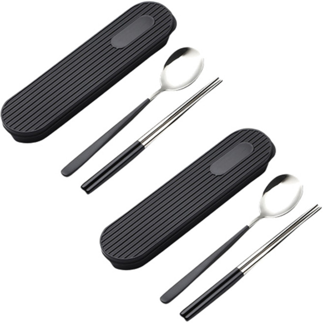 라임올리브 바네 휴대용 2인 수저 + 케이스 세트, 블랙, 숟가락 + 젓가락 + 케이스 + 실리콘 거치대, 1개