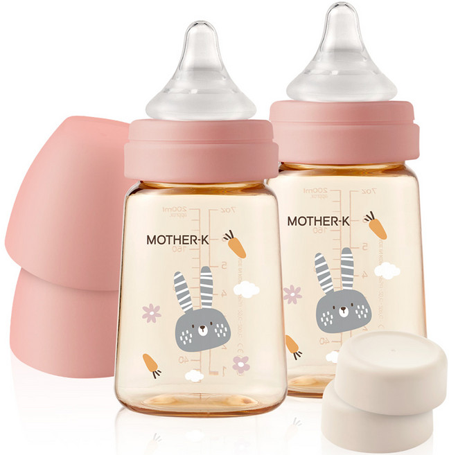 마더케이 베이직 PPSU 토끼 노꼭지 젖병 2개 + 젖꼭지1단계 SS 2개 + 밀폐 뚜껑 2개, 크림, 180ml, 1개