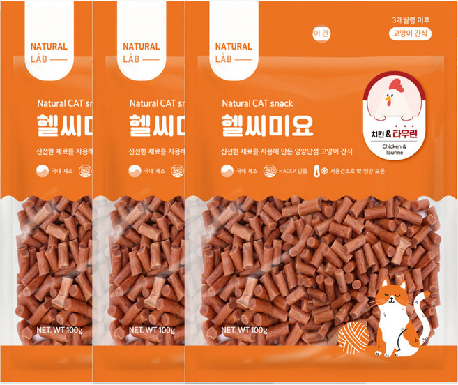 네츄럴랩 헬씨미요 고양이간식, 혼합맛(치킨/타우린), 100g, 3개