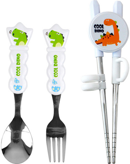 국산 아동용 쿨디노 1단계 교정용 젓가락 + 스푼 + 포크 세트, 화이트, 스푼 + 포크 + 교정 젓가락, 1개