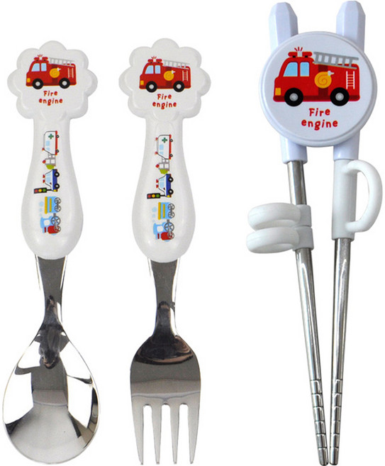 부릉부릉 1단계 유아 교정용 젓가락 스푼포크 세트, 화이트, 스푼 + 포크 + 교정용 젓가락, 1개