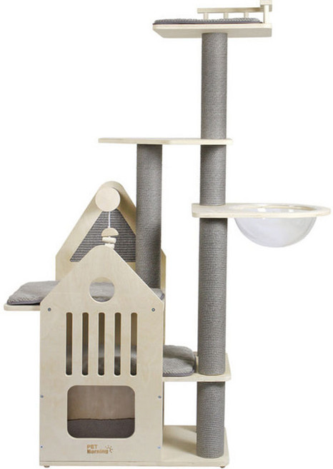펫모닝 고양이 모던 캐슬 투명볼 원목 캣타워, 베이지, 1개