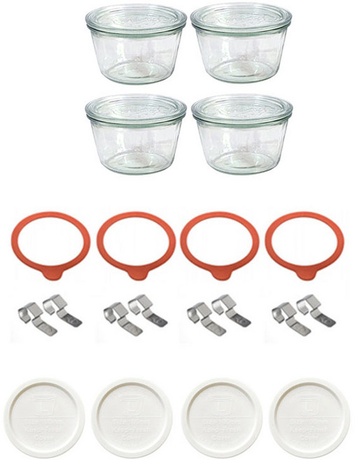 WECK 기본형 PE 뚜껑 + 유리용기 + 유리뚜껑 + 고무링 + 클립 2p 풀 세트 밀크 370ml No.741, 4세트, 5종