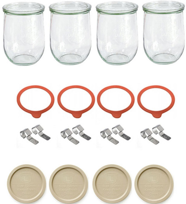 WECK 튤립형 PE 뚜껑 + 유리용기 + 유리뚜껑 + 고무링 + 클립 2p 풀 세트 베이지 1062ml No.745, 4세트, 5종