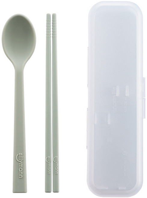sillymann 孩童餐具組合 WSK3715, 奶油綠色, 湯匙+筷子+收納盒, 1組