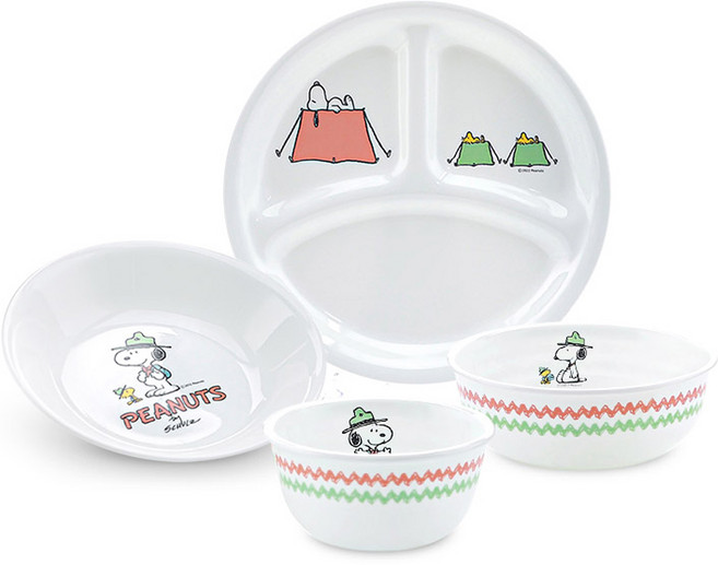 코렐 한국형 1인 식기세트 4p, 스누피캠핑, 밥공기 + 국대접 + 찬기중 + 삼절접시소, 1세트