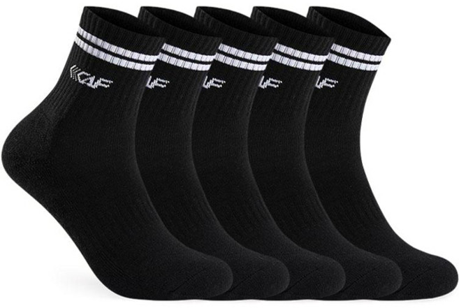 LECAF 男士運動緩震頂部雙線舒適中筒襪, 黑色 + 白色, 5個