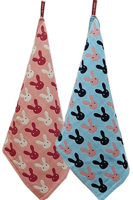 북유럽풍 순면거즈 주방 일러스트행주 토끼 2종 세트, 블루 + 핑크, 1세트