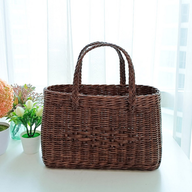 리얼 등나무 가방 모양 손잡이 피크닉 라탄바구니 J084, 브라운, 1개