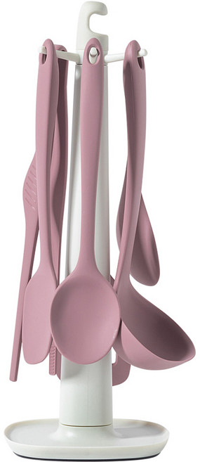 키친팩토리 파스텔 실리콘 플래티넘 조리도구, 조리도구 6종 + 걸이대, 다크핑크 + 아이보리, 1세트