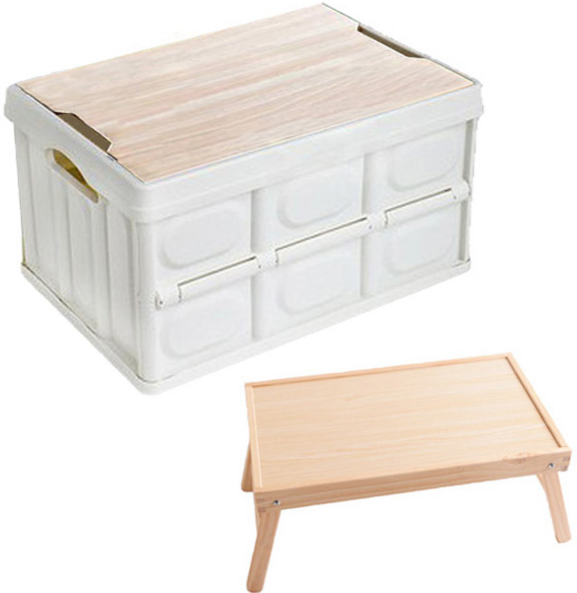 캠핑용 폴딩박스 56L + 우드상판 C타입 + 원목 테이블 세트, 크림색(폴딩박스)