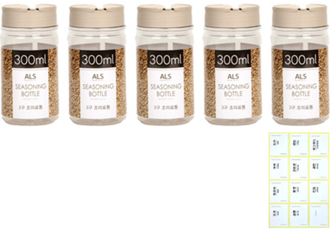 리빙패밀리 양념 조미료 소금 설탕통 3구 보관용기, 1세트, 300ml(5p)+스티커