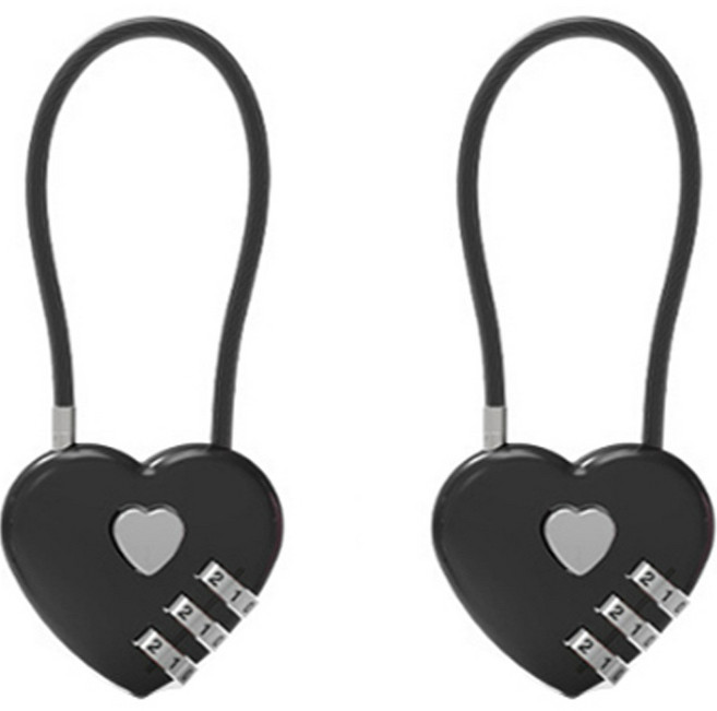 트래블큐브 하트 스테인레스 코팅케이블 3다이얼 자물쇠 블랙, 2개