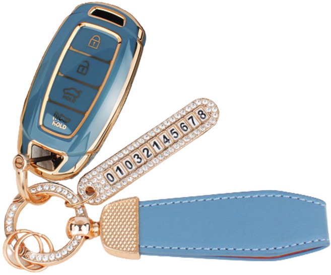 지엠지모터스 현대4버튼전용 그랜저 싼타페TM 코나 프리미엄 TPU 키케이스 전화번호링 가죽스트랩 선물박스 세트, 그레이블루, AH-01(가죽 스트랩)