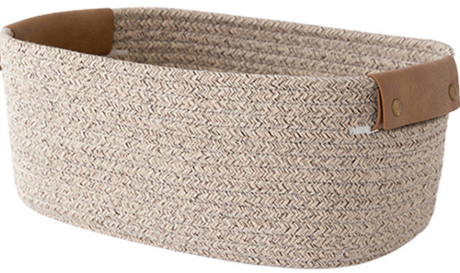마켓피오 홈 가죽손잡이 코튼 로프 소품 정리 바구니, 브라운, 1개