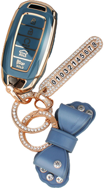 지엠지모터스 현대5버튼 팰리세이드 싼타페 cn7 프리미엄 TPU 키홀더 + 큐빅 오링 + 전화번호링 + 설치공구 + 리본스트랩 + 선물용 박스 세트, 그레이블루, AH-02(리본 스트랩)