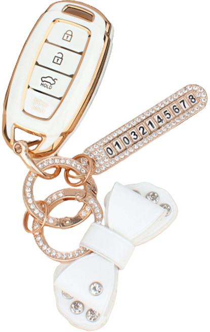 지엠지모터스 현대4버튼전용 그랜저 싼타페TM 코나 프리미엄 TPU 키홀더 키케이스 전화번링 리본가죽키링 선물박스 세트, 크림화이트, AH-01(리본 스트랩)