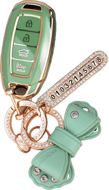 지엠지모터스 현대4버튼전용 그랜저 싼타페TM 코나 프리미엄 TPU 키케이스 전화번링 리본가죽키링 선물박스 세트, 올리브그린, AH-01(리본 스트랩)