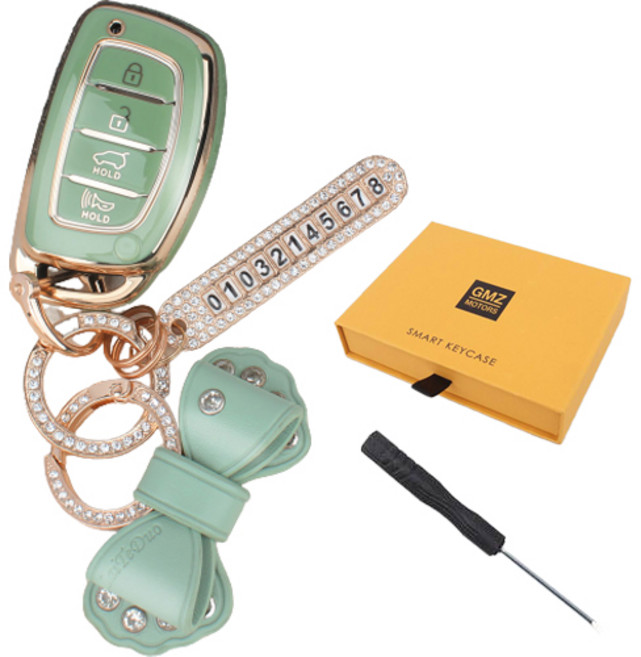 지엠지모터스 현대4버튼 전용 캐스퍼 아이오닉 올뉴투싼 소나타 프리미엄 TPU 키홀더 + 큐빅 오링 + 전화번호 키링 + 설치공구 + 리본 스트랩 + 선물용 박스 세트, 올리브그린, AH-04(리본스트랩)
