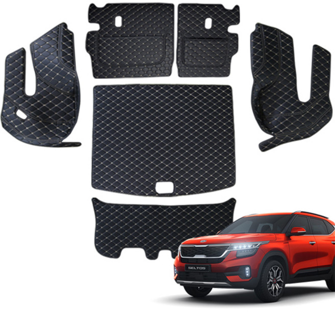 칸 카본 트렁크 매트 6종 세트, 블랙 + 금장스티치, 기아 셀토스