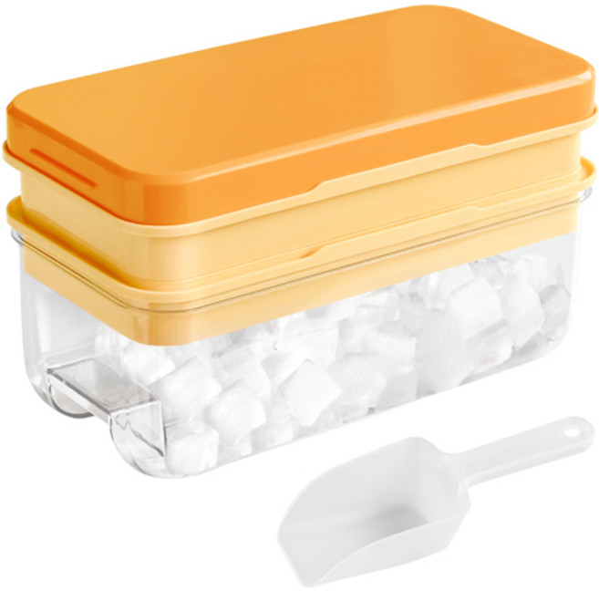 네이쳐리빙 실리콘 푸쉬 얼음 트레이 보관통 + 스쿱 세트 2단, 옐로우, 1세트